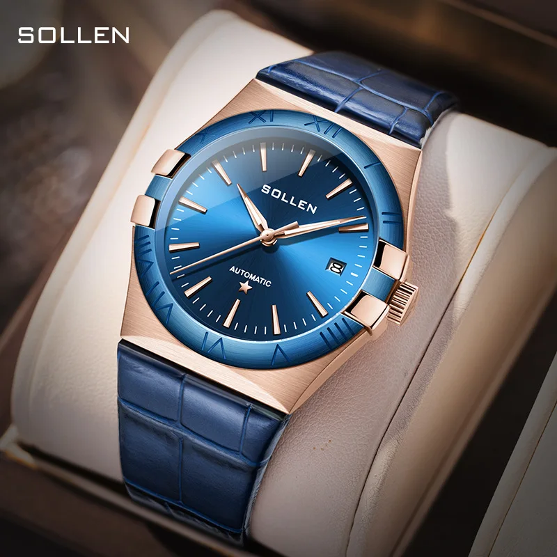 SOLLEN العلامة التجارية الفاخرة اليابان ميوتا حركة التلقائي الميكانيكية ساعات رجالية مضيئة مقاوم للماء موضة تاريخ السيارات ساعة جلدية