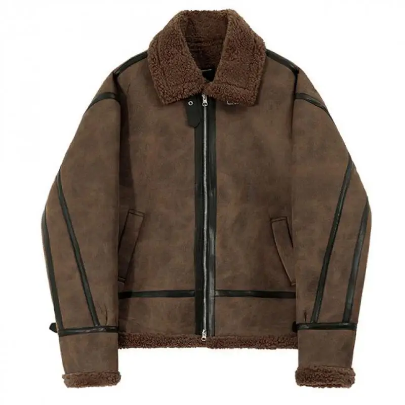 Winter Fur One-piece Cotton-padded Coat Men\'s Winter Korean-style Loose Suede Deer Leather Lambskin Motorcycle Leather Jacket