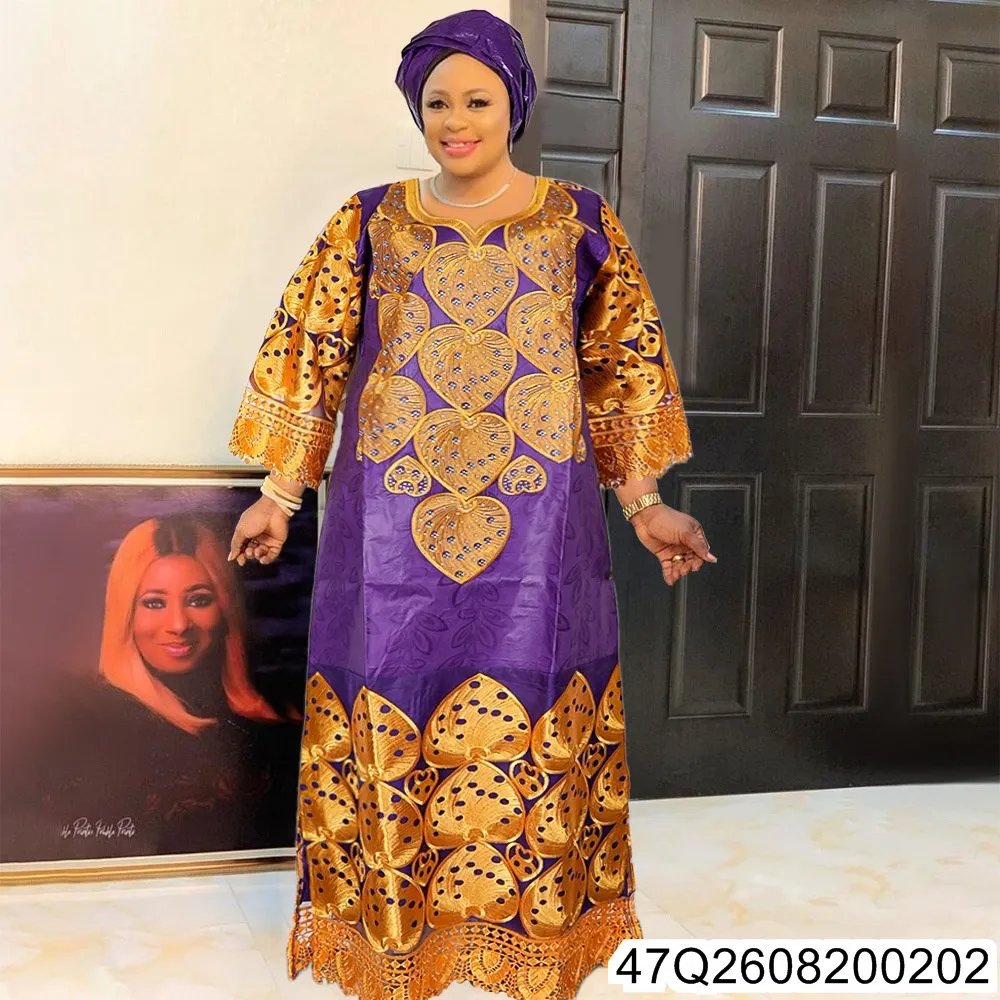 2026 New Arge-sized African Women's Dress with Hot Diamond Embroidery, Long Robe, Headscarf and Lace Patchwork 47Q26082002