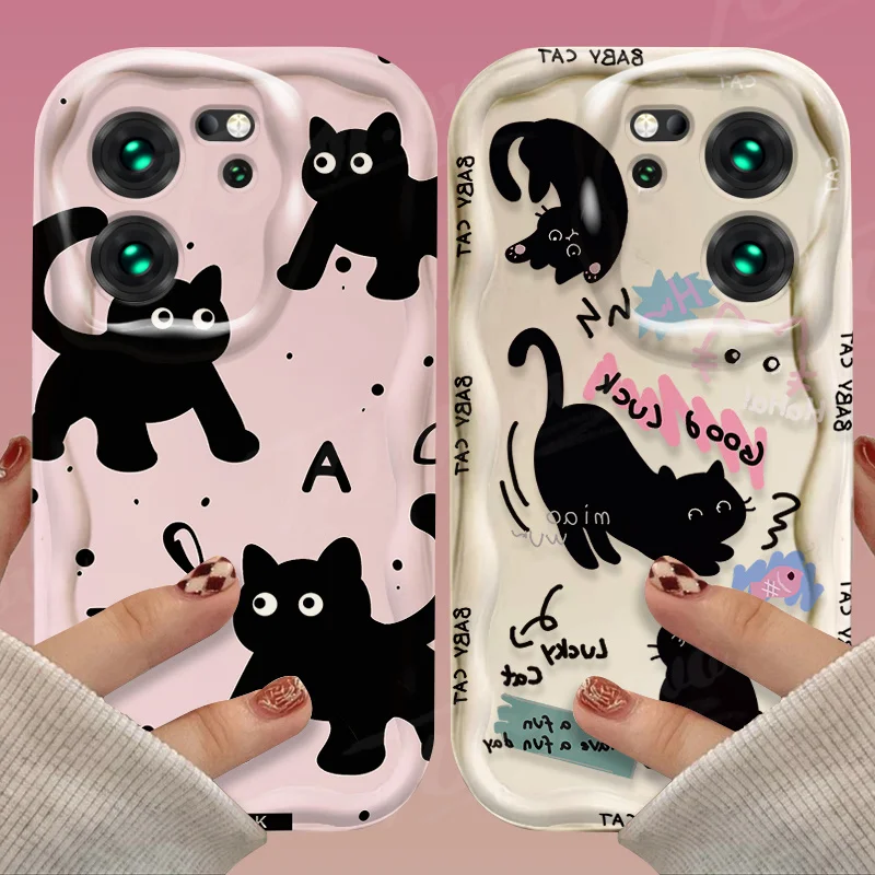 Black Star Cat 3D Wave Case For Xiaomi Redmi 12 12C 12R 11A 13C 10 10C 10X 9 Power 9A 9C 9T 8 K70E K70 K60 K50 Pro Soft Silicone