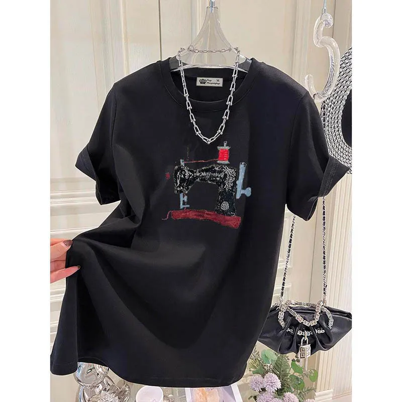 Women Clothing Fashion Vintage Sewing Machine Printing T-shirt Summer Pure Cotton O-neck Short Sleeve Basic Tops Loose Pullovers