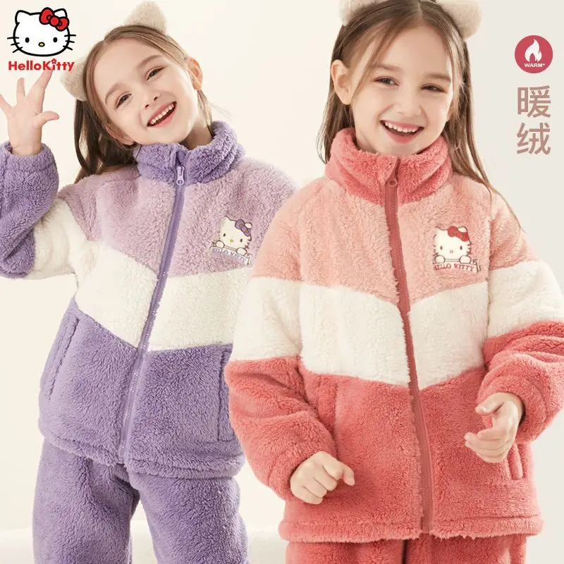 Hot Sanrio Kuromi Girl Lounge Clothes Suit Sweater Hello Kitty Kawaii Autumn and Winter Clothing Child Home Clothing Cartoon New