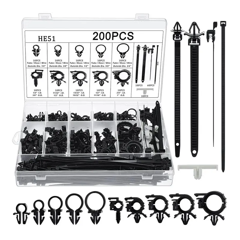 A20F-Car Harness 200Pcs Cable Tie Assembly 15 Sizes Wire Loom Push Mount Routing Clips Assortment