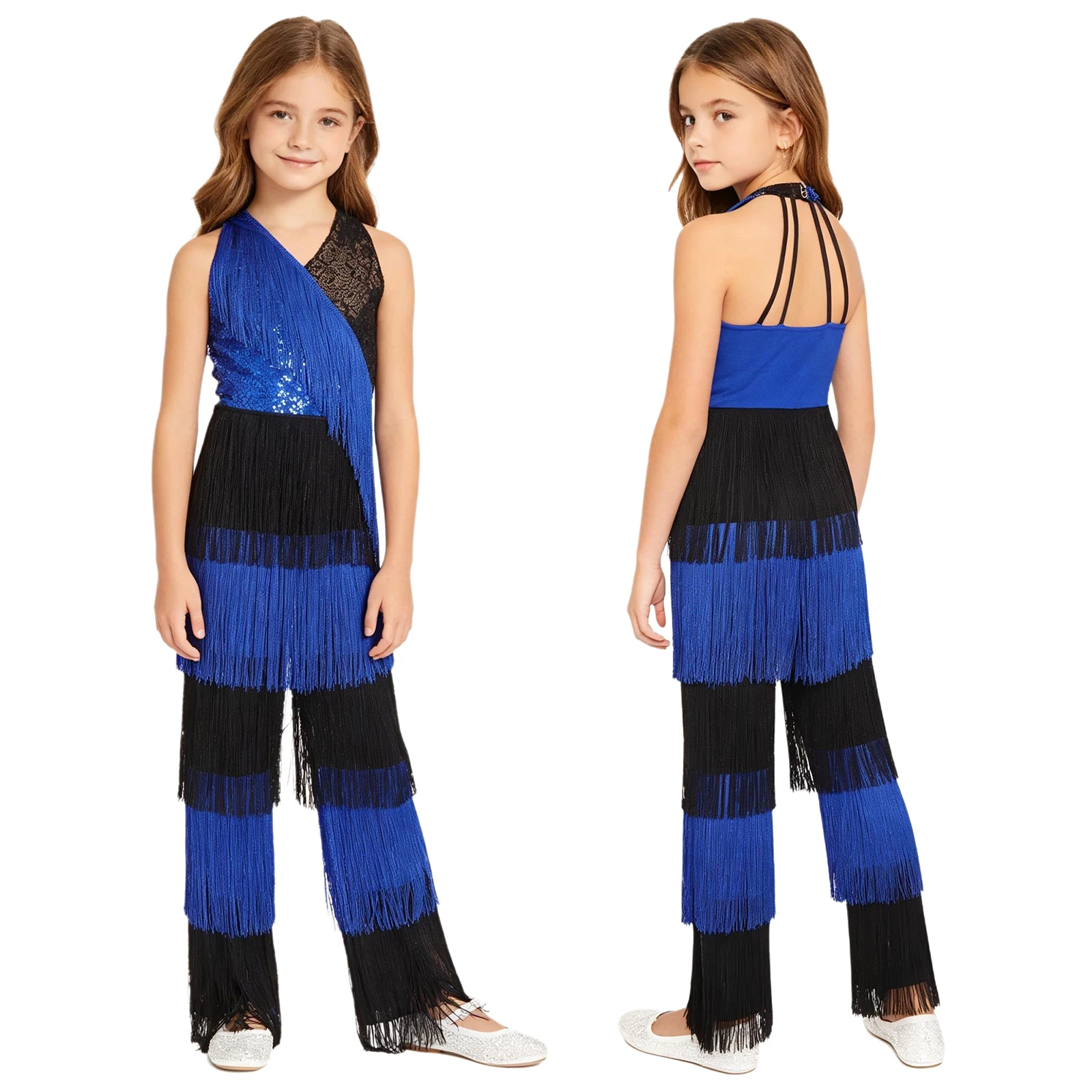 

Детский комбинезон для девочек с блестящими пайетками и бахромой, без рукавов, с лямками на спине, в стиле колор-блок, для джаза, латиноамериканских и современных танцев