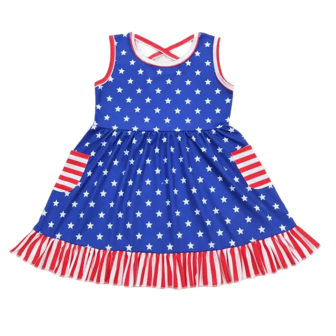 

Toddler Girls blue stars red stripe Dress Baby Wholesale boutique summer July 4th Clothing Children Kids Sleeveless twirl Skirts