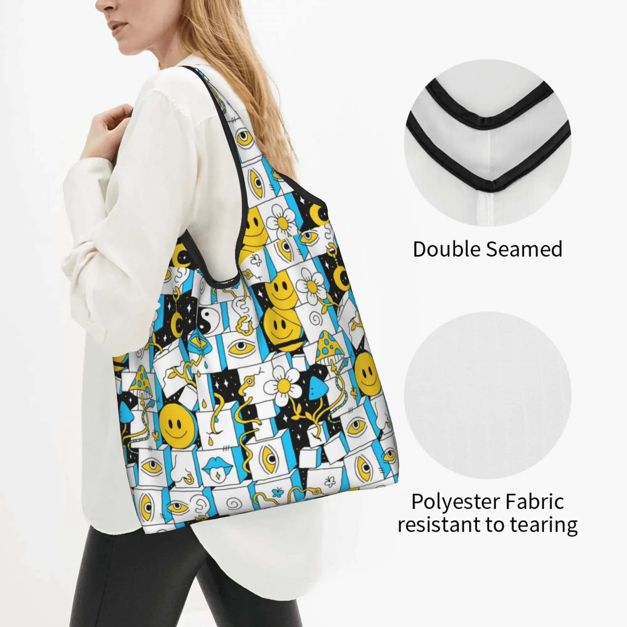 Recycling Crazy Trippy psychedelic Geometry Mushroom Shopping Bag Women Tote Bag Portable  Grocery Shopper Bags