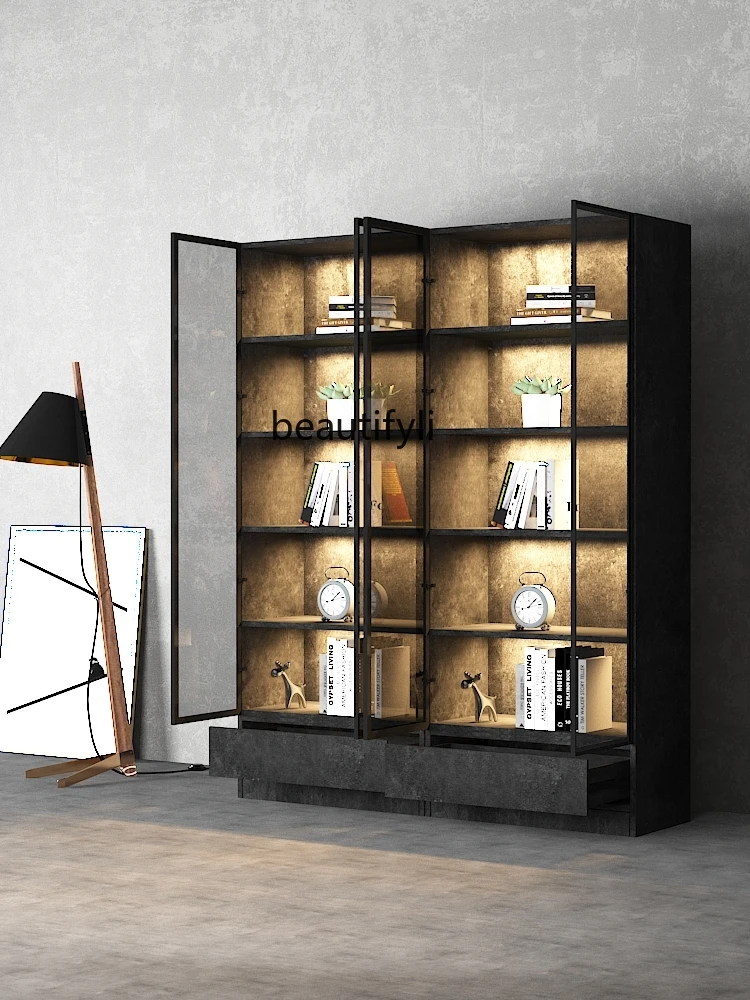 Light Luxury Floor Glass Door Bookcase Display Cabinet Bookshelf Home Locker Entire Wall Bookcase