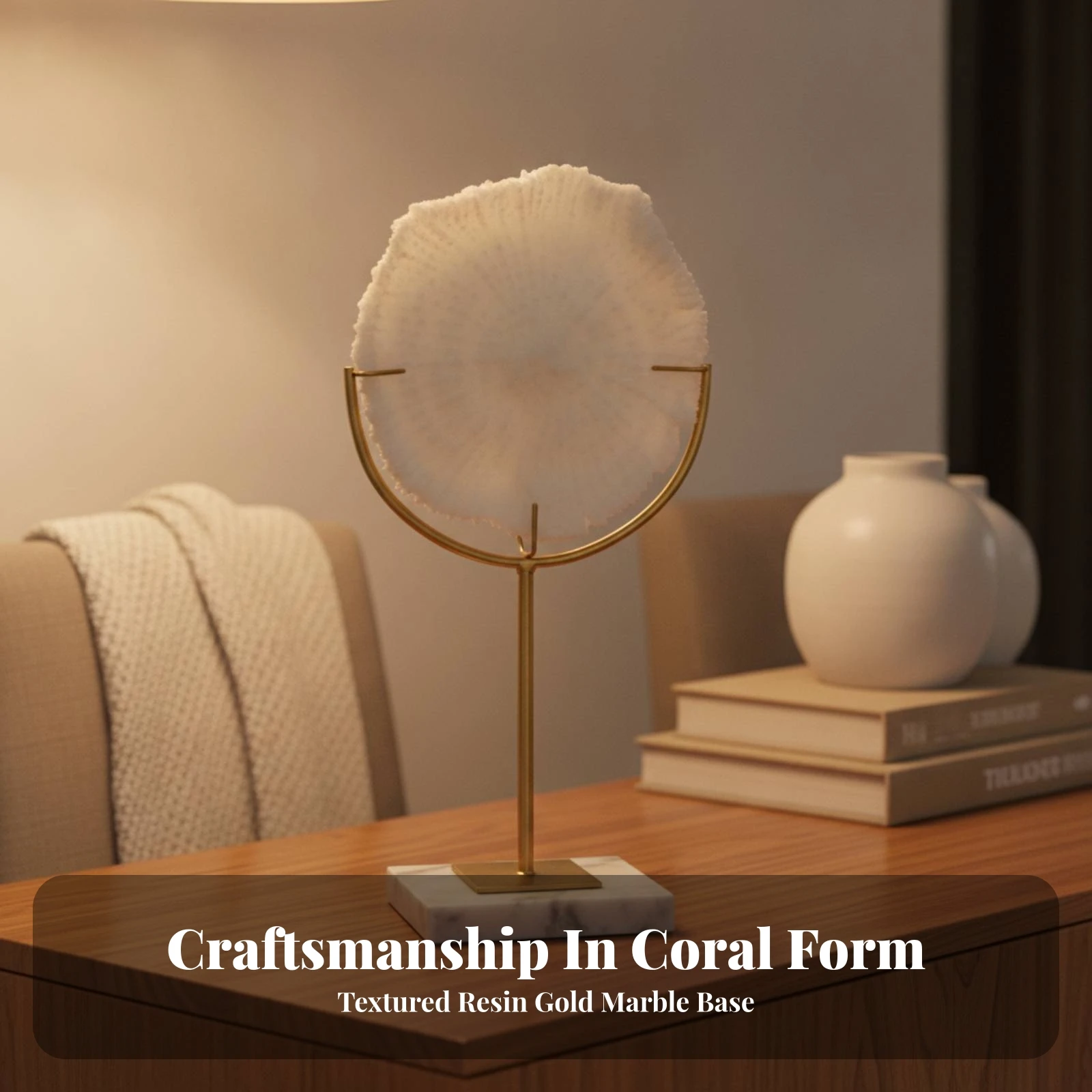 Coral Sculpture with Marble Base Coastal Coral Ornament with Marble Base Nautical Textured for Living Room, Display Shelf