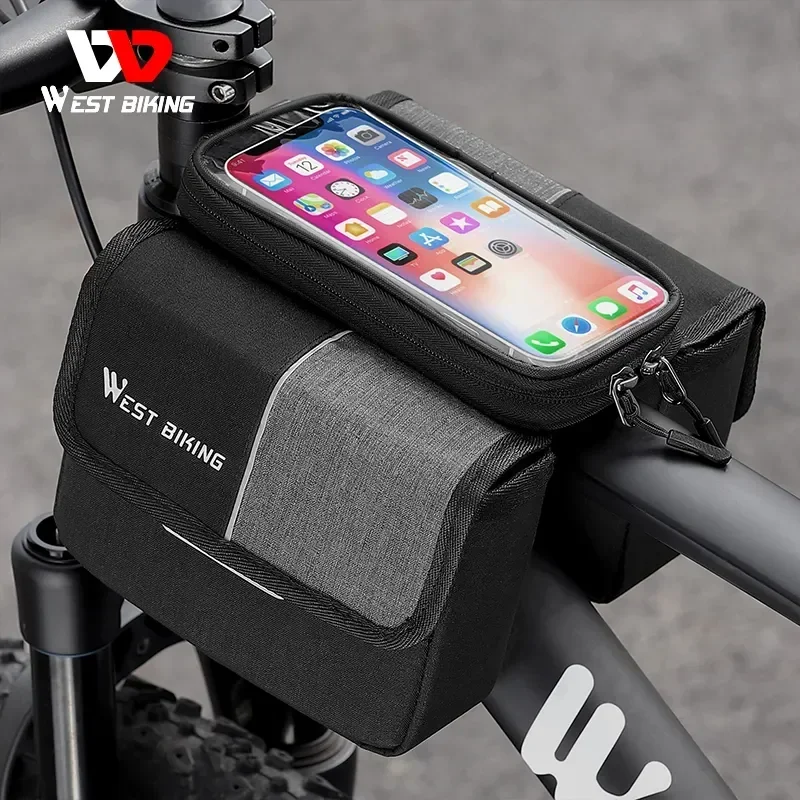 WEST BIKING 3 In 1 Bicycle Front Frame Bag Touch Screen Top Tube Phone Bag Bike Tool Holder Double Pouch Bag MTB Accessories