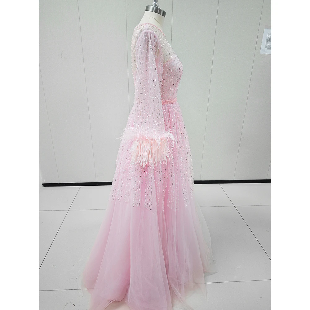 Luxury Pink Sequined Evening Dress for Elegant Women Long Sleeve Feathers Sweep Train Formal Occasion Vestidos Wedding Gowns