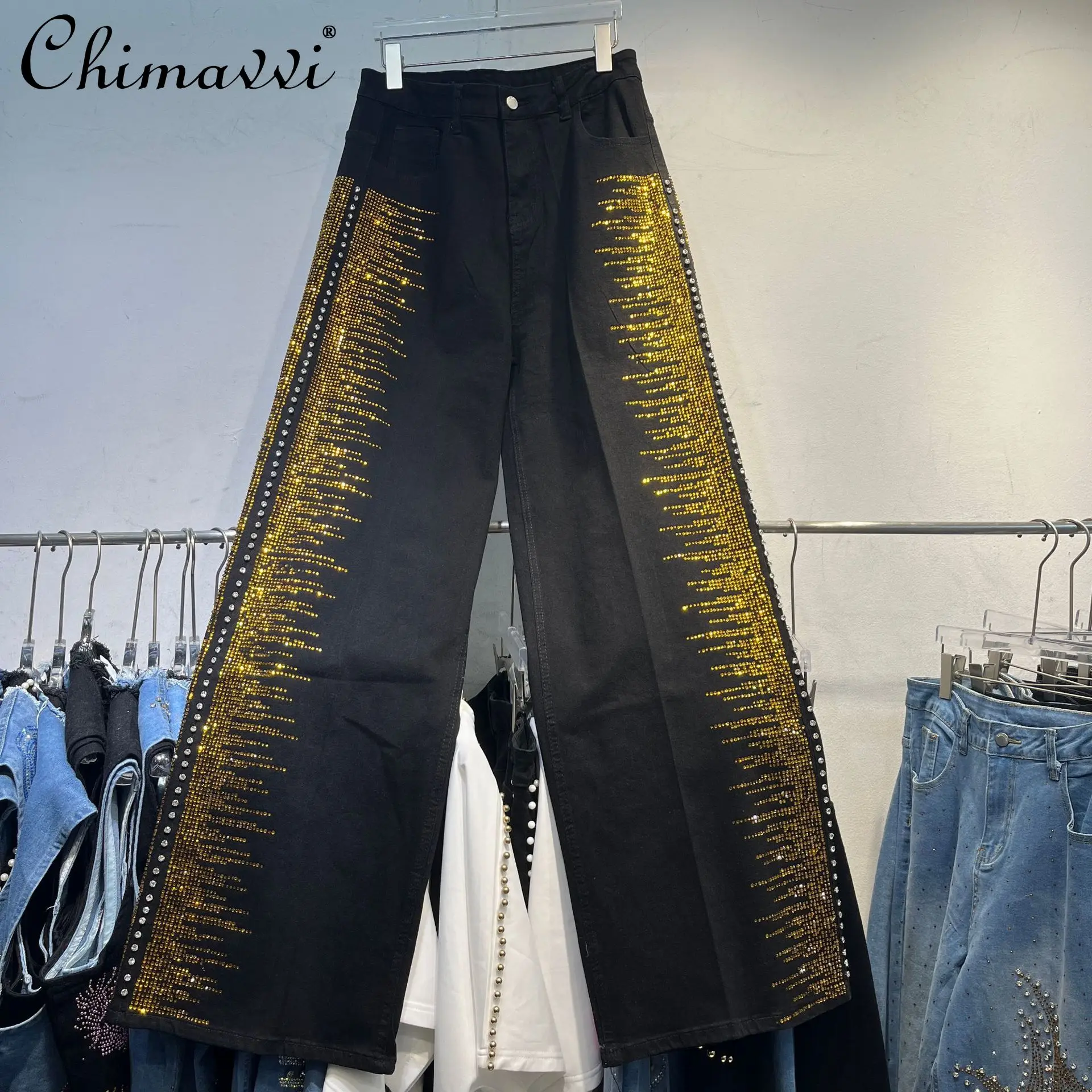 

Heavy Rhinestone Jeans for Women 2025 Autumn Clothes New Fashion High Waist Loose Slimming Versatile Straight Wide Leg Pants