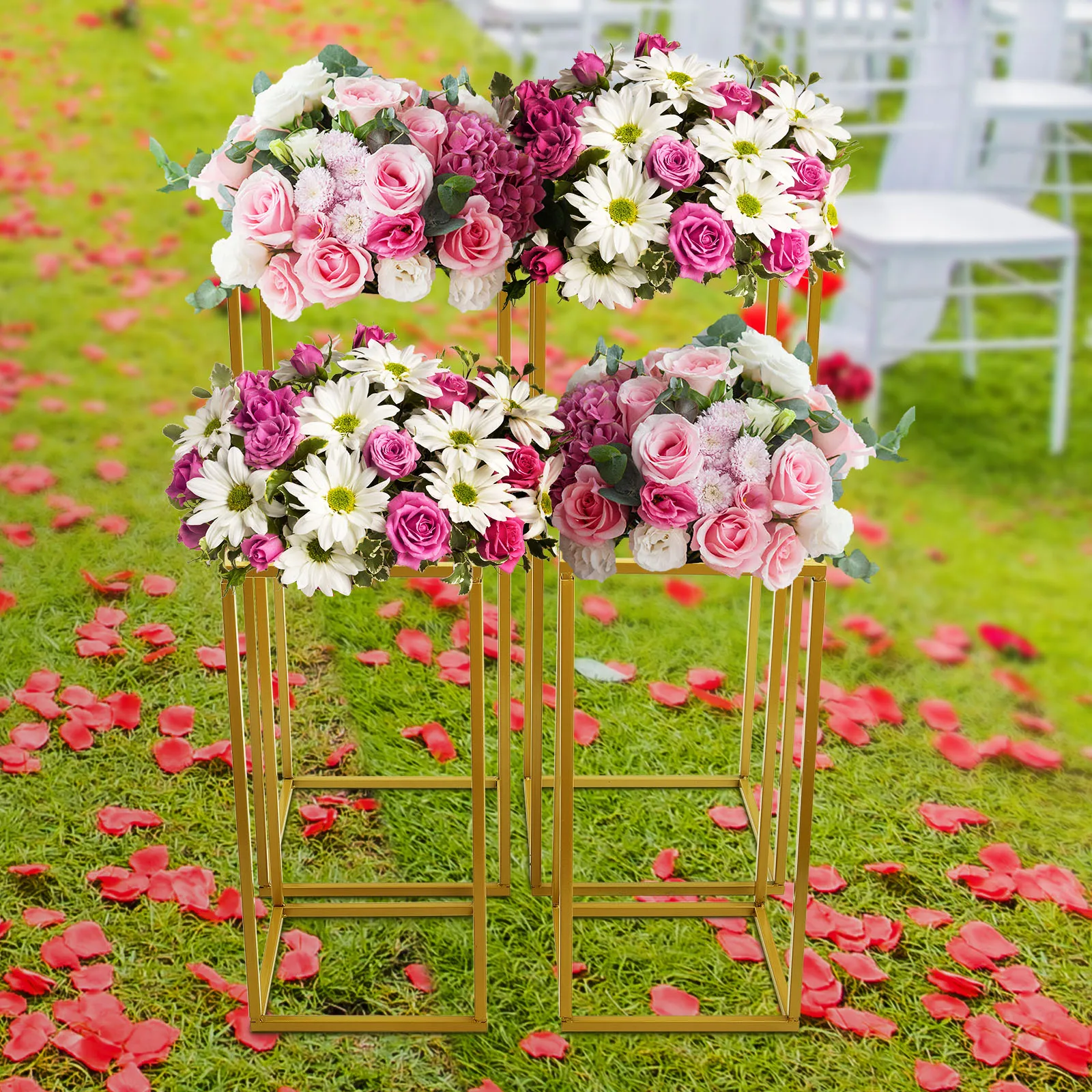 4PCS Wedding Flower Rectangular Column Stand Gold Flower Holder Metal  Rack Decoration Backdrop Rack 40+60CM