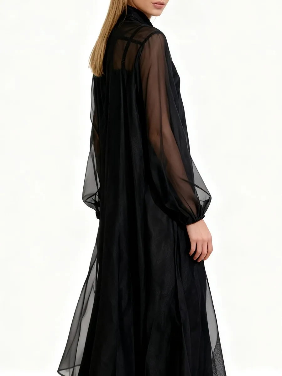 TWOTWINSTYLE Solid Loose Sheer Spliced Single Breasted Dresses for Women Lapel Long Sleeves Minimlaist Dress Female Clothing New