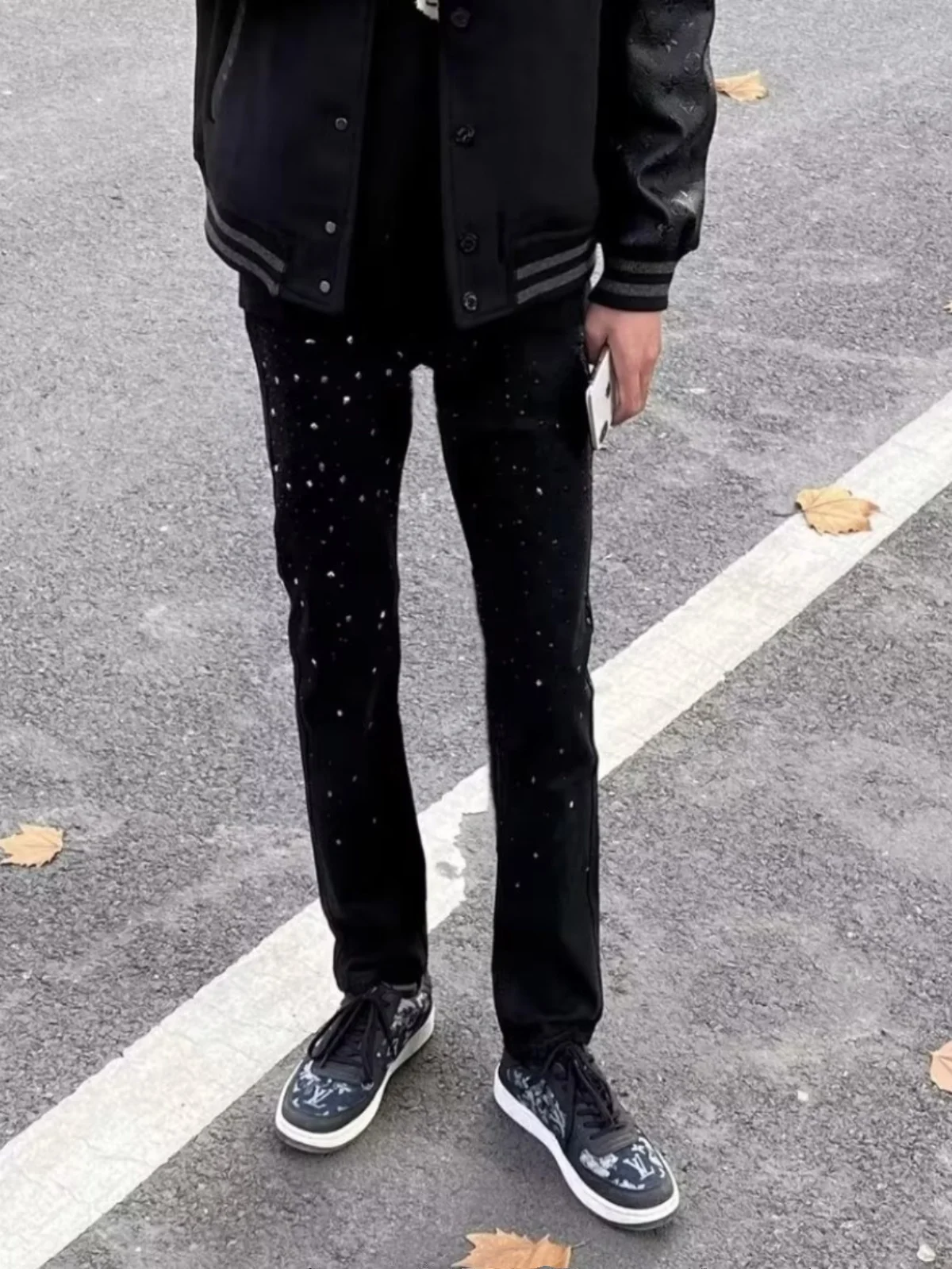 

Мужские джинсы Faionable Bla Slim Straight с декором из страз, в американском стиле, повседневные, из высокоэластичного хлопкового денима