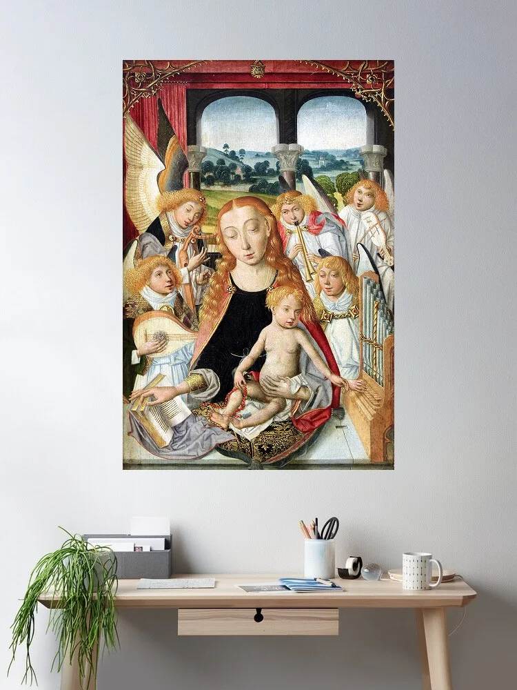 1490 Muttergottes mit musizierenden Engeln anagoria, Art Print Canvas Poster, Living Room Decor, Home Wall Picture