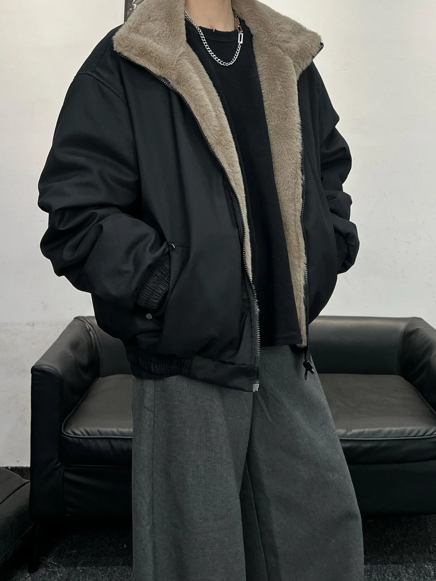 

Двусторонняя теплая хлопковая куртка с флисовой подкладкой для мужчин, в американском ретро-стиле, удобная для путешествий, с длинными рукавами, на молнии