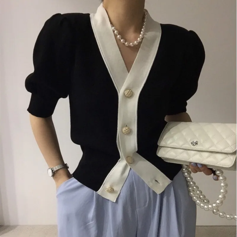 Korean Style V-Neck Short Knitted Cardigan Women's Summer Fashion Bubble Sleeve Slimming Design Casual Commute Style Top