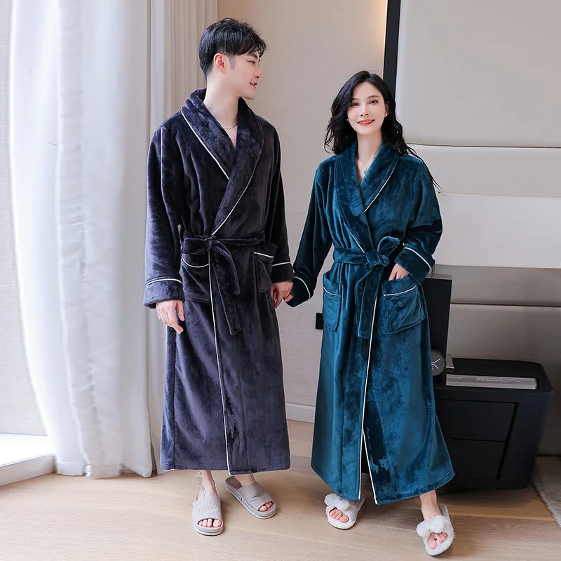 Warm Coral Fleece Bathrobe Women Men Winter Thick Flannel Thermal Robe Velvet Kimono Dressing Gown Comfortable Bride Peignoir