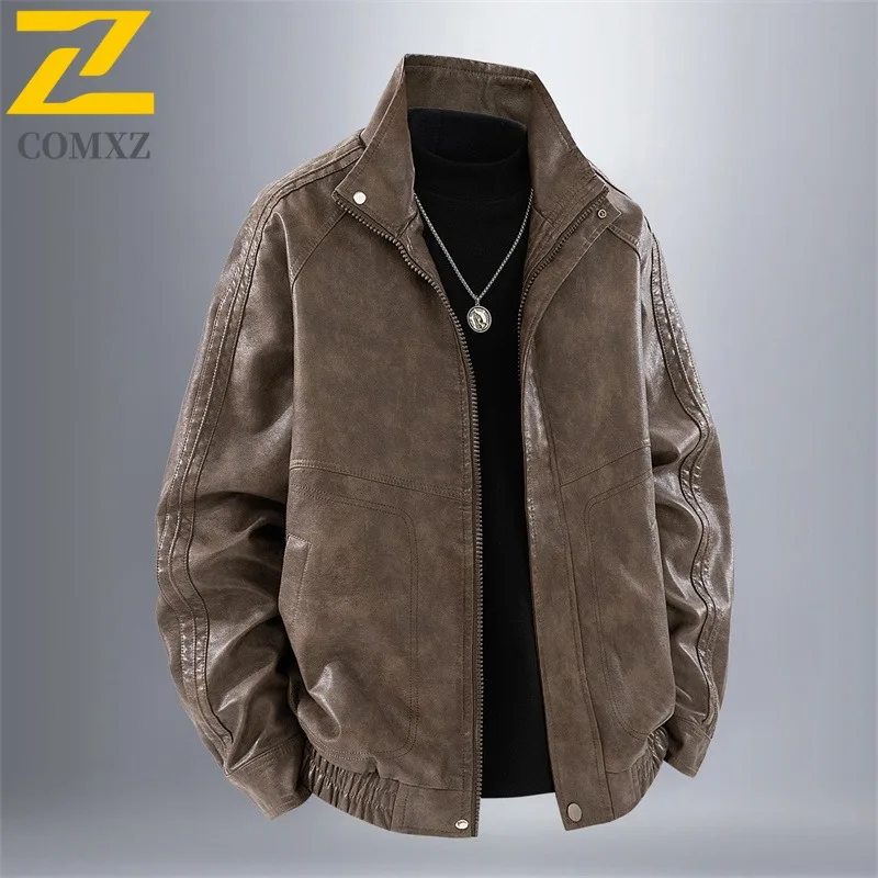 سترة جلدية للرجال COMXZ 2025 على الطراز الأمريكي سترة مريحة للدراجات النارية لركوب الدراجات في الهواء الطلق مقاومة للرياح ملابس خريفية خفيفة الوزن #2