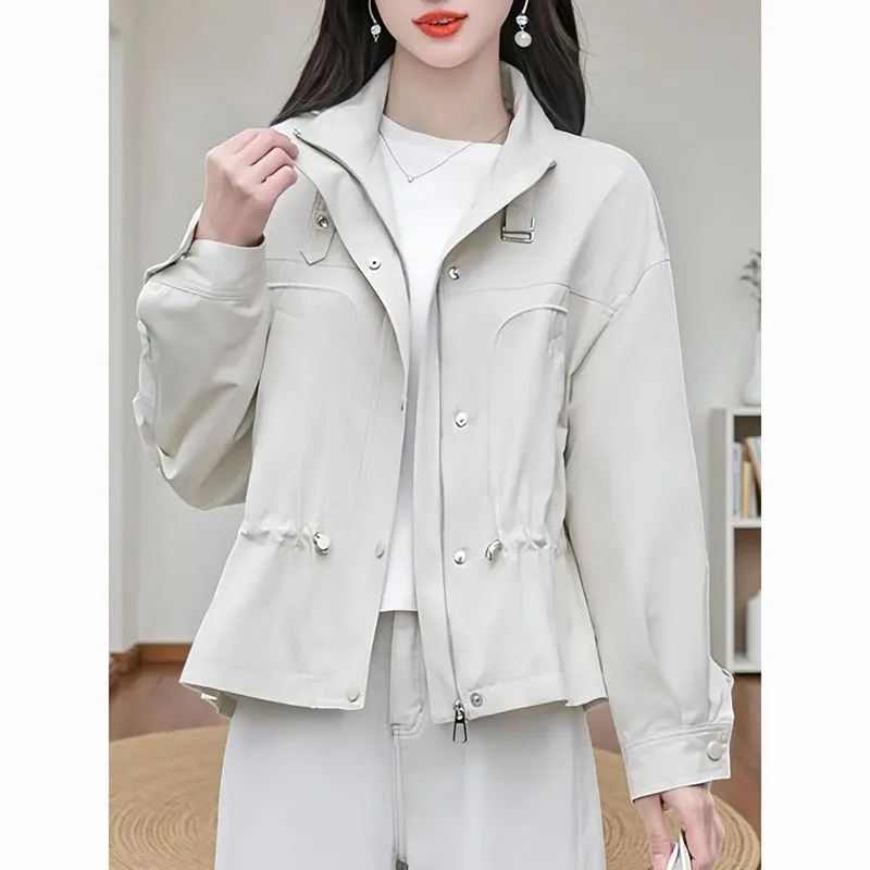 

2026 New Spring Autumn Stand-up Collar Windbreaker Women's New Fashion Drawstring Short Loose Casual Jacket Female Outwear