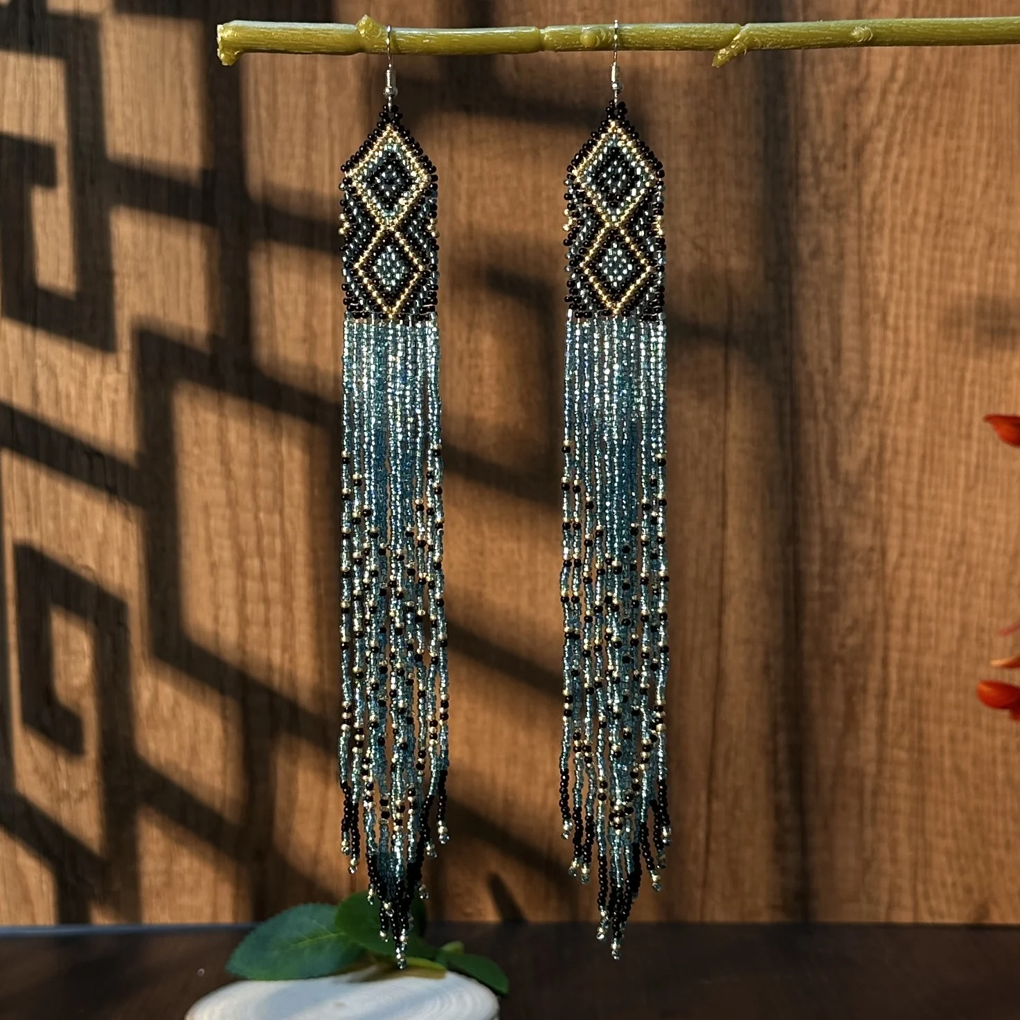 

1 pair of Bohemian style ultra long glass bead tassel earrings, sweeping shoulder earrings, tribal style earrings