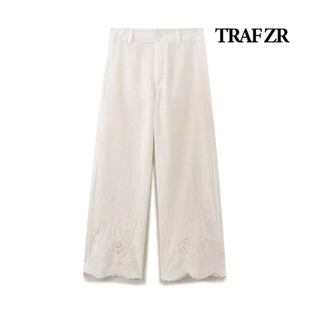 TRAF ZR Casual Summer Pants Scallop Trim Basic Relaxation Embroidery Pants & Capris Vintage Comfy Capris Trousers Belt Loops