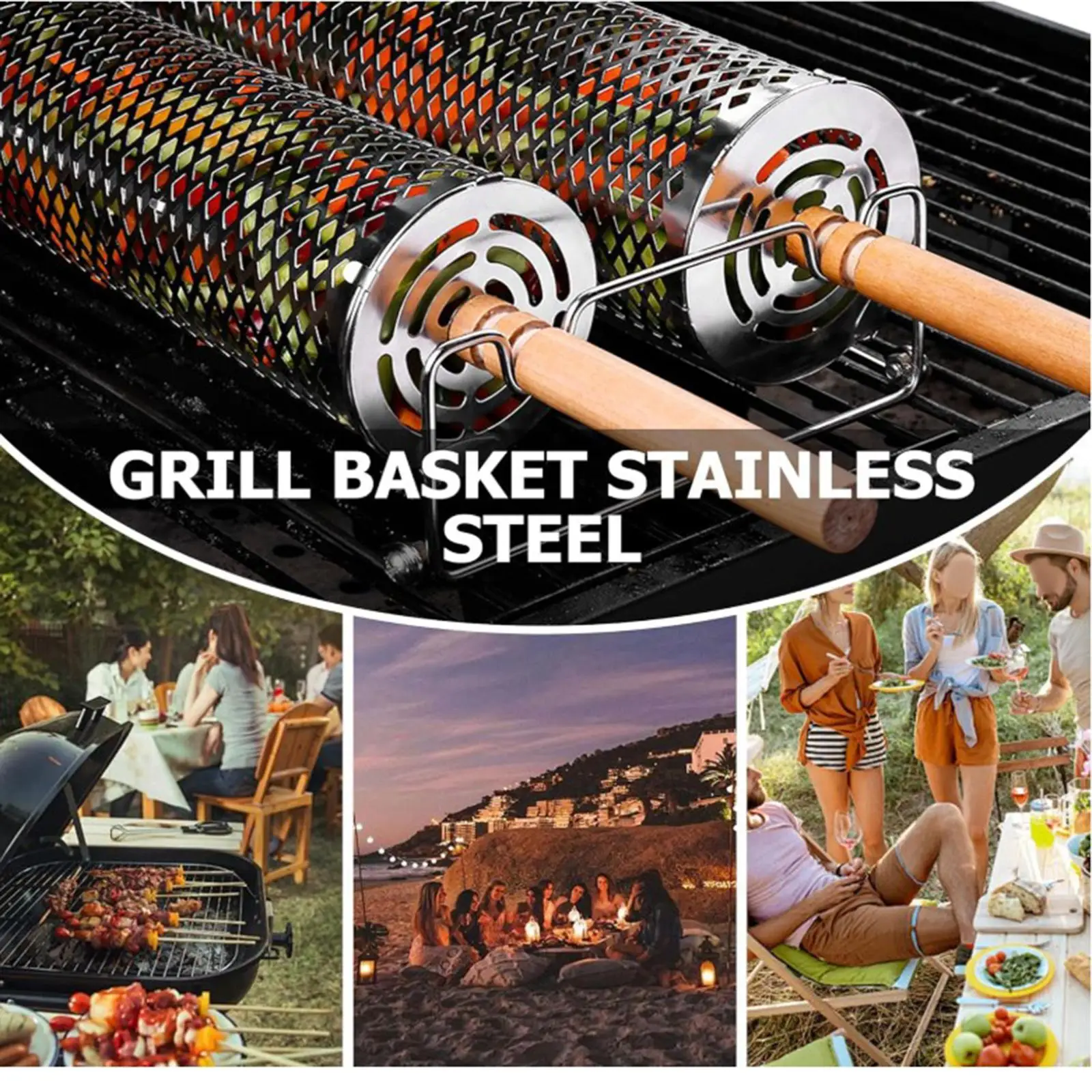 2 Pieces Rolling Grilling Baskets Grill Basket Cage Cooking Griller BBQ Net Tube Accessories for Campfire Veggies Fish Fries