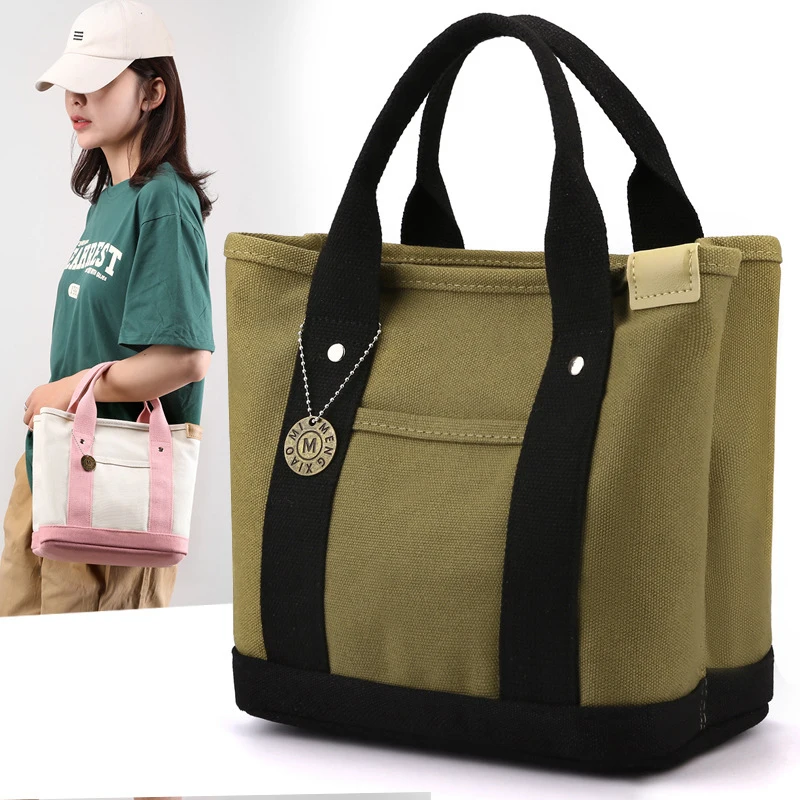 Canvas Tote Bag Portable Large Capacity Leisure Lunch Bento Bucket Bag Multi-divided Handbag