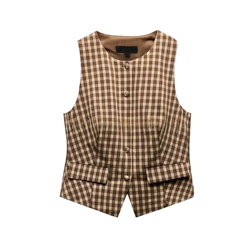 Spring New Women's Plaid Slim Vest Sle Top A-Line Skirt Pants Faion Set ort Sve round Ne Button Dr Code
