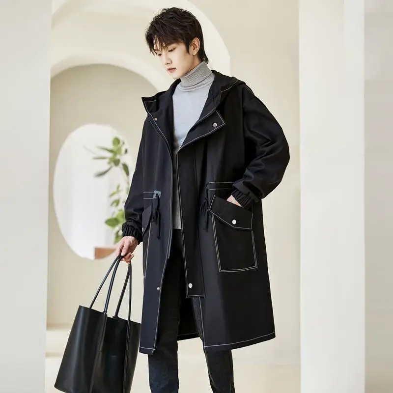 

Loose Fit Workwear Sle Men's Long Coat Autumn Season Briti Faion Bla Color Youth Trend Splice Line Iron Free irt