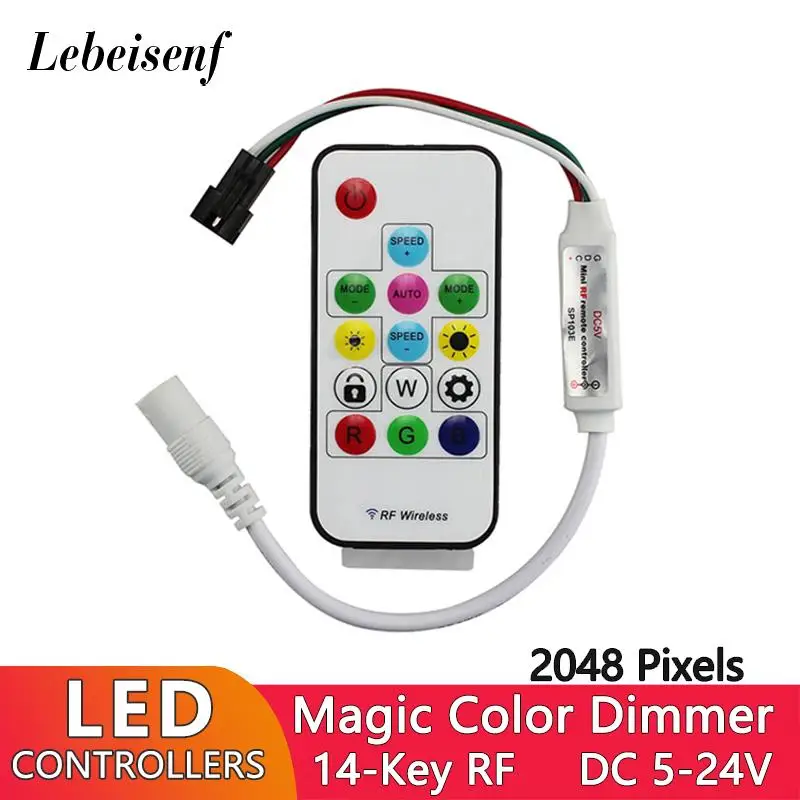 SP103E LED Controller DC 5V 12V 24V 2048 Pixels 14-Key RF Wireless Remote Dimmer for WS2811 WS2812B Addressable RGB Strip Lights