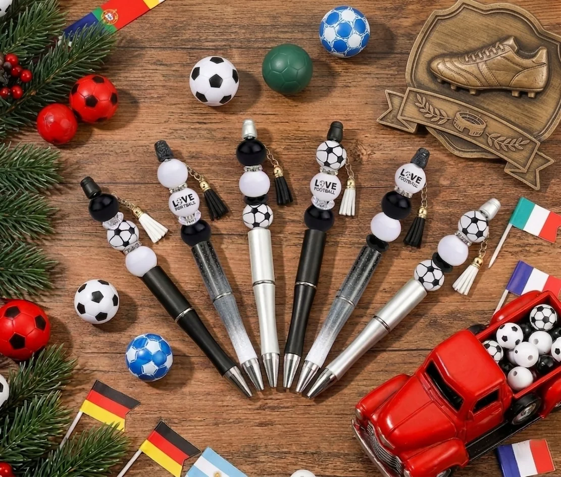 

6Pcs Black and Green World Cup Themed DIY Beaded Pen Set Creative Stationery