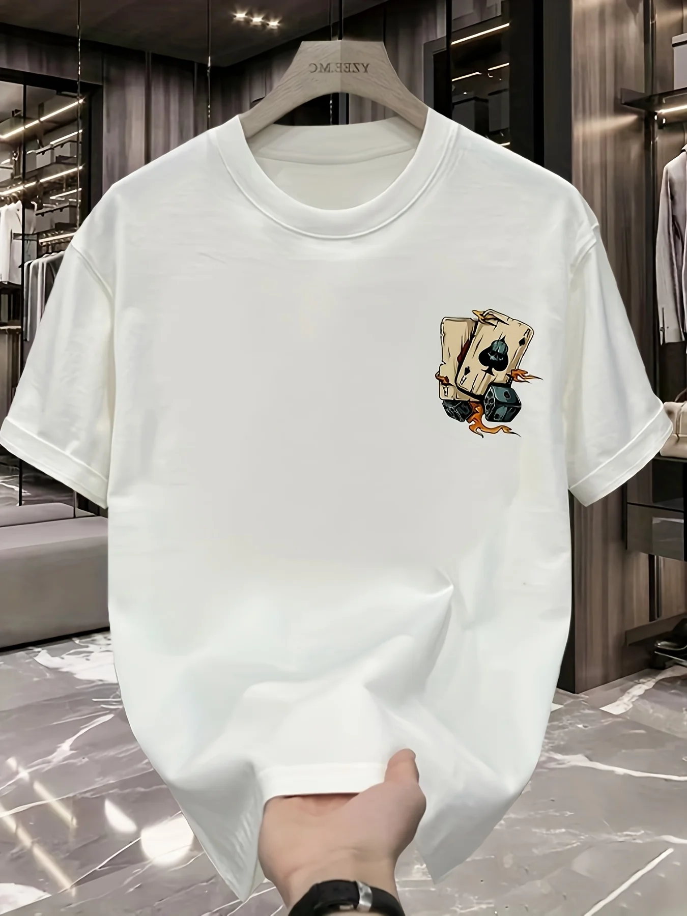 Men's summer 100% pure cotton fashionable casual loose creative poker and dice printed sports round neck short sleeved T-shirt image 4
