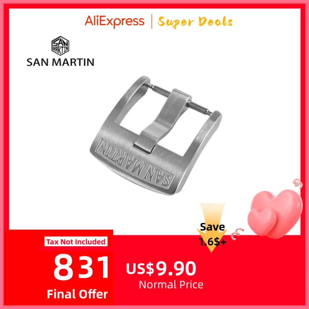 San Martin-hebilla de acero inoxidable 316L para reloj, accesorio de repuesto de alta calidad con logotipo cepillado, 20mm