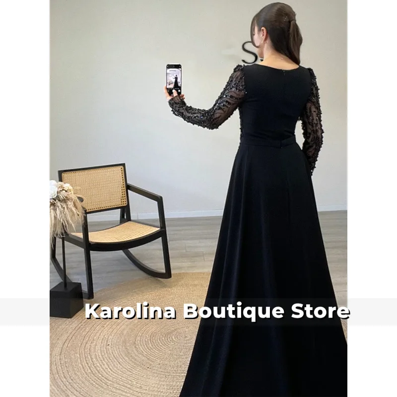 Exquisites schwarzes Abendkleid mit Umhang, maßgeschneidert, lange Ärmel, quadratischer Ausschnitt, Perlenstickerei, Hochzeitskleid, Ballkleider
