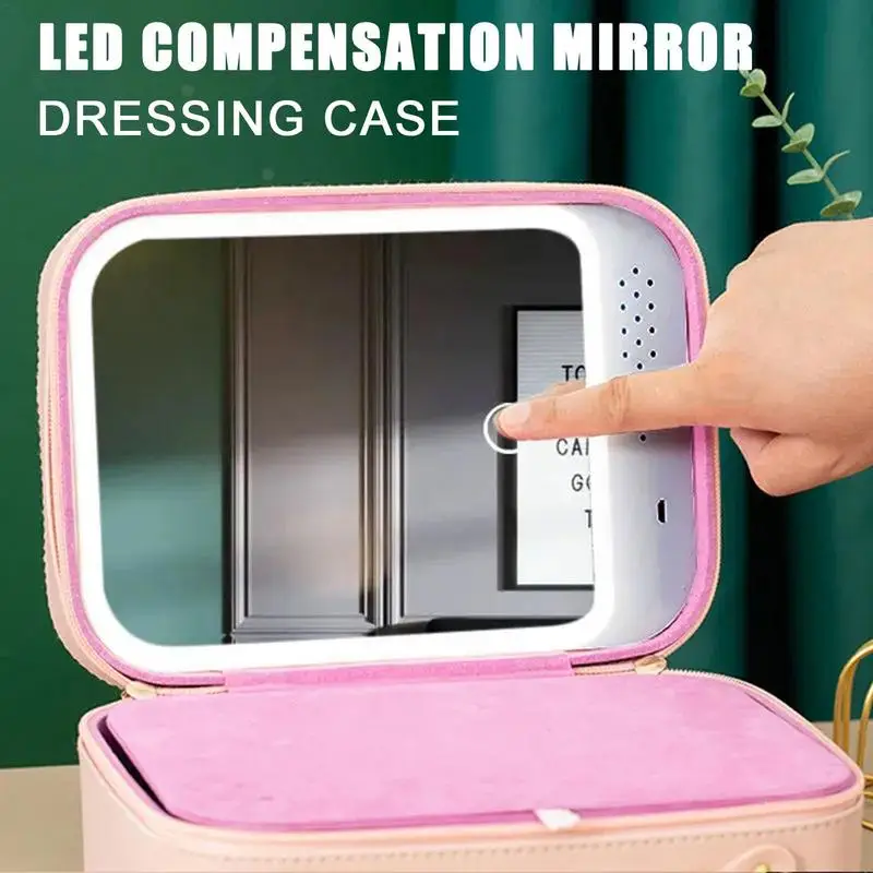 Travel Makeup Bag With Mirror Large-Capacity Waterproof Cosmetics Bag With LED Light Makeup Case Waterproof PU Leather Divided