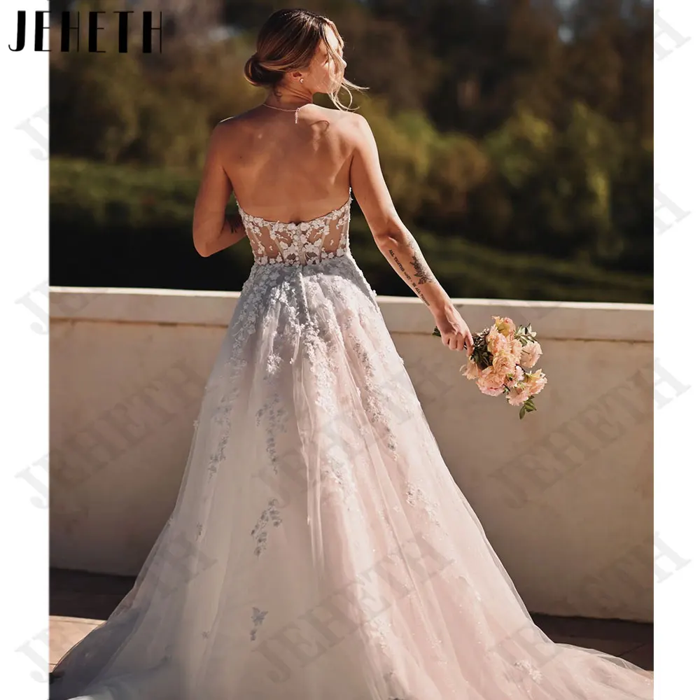 JEHETH Appliques strapless bruid jurken mouwloze rugloze bruiloftsjurken A-lijn Tulle rugknoppen vestidos para mujer 2024JEHETH Appliques strapless bruid jurken mouwloze rugloze bruiloftsjurken A-lijn Tulle rugknoppen