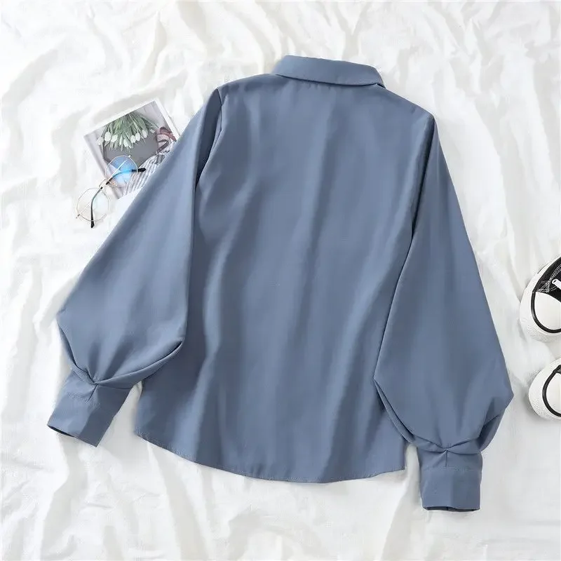 Fashion Lantern Sleeve Blouse Women Single Breasted Turn Down Collar Shirts Office Ladies Work Solid Vintage Black Outwear Tops