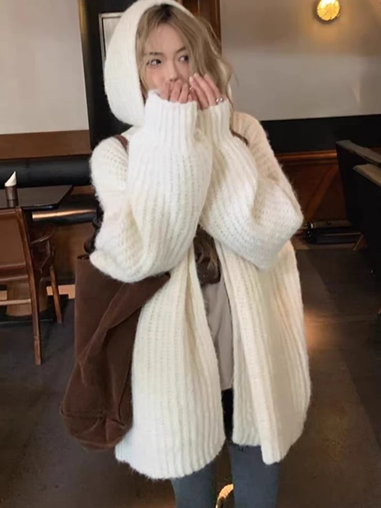 أزياء المرأة الجديدة فضفاضة طويلة الأكمام أنيقة سترة سترة مقنعين فانوس كم بلون محبوك عارضة أعلى