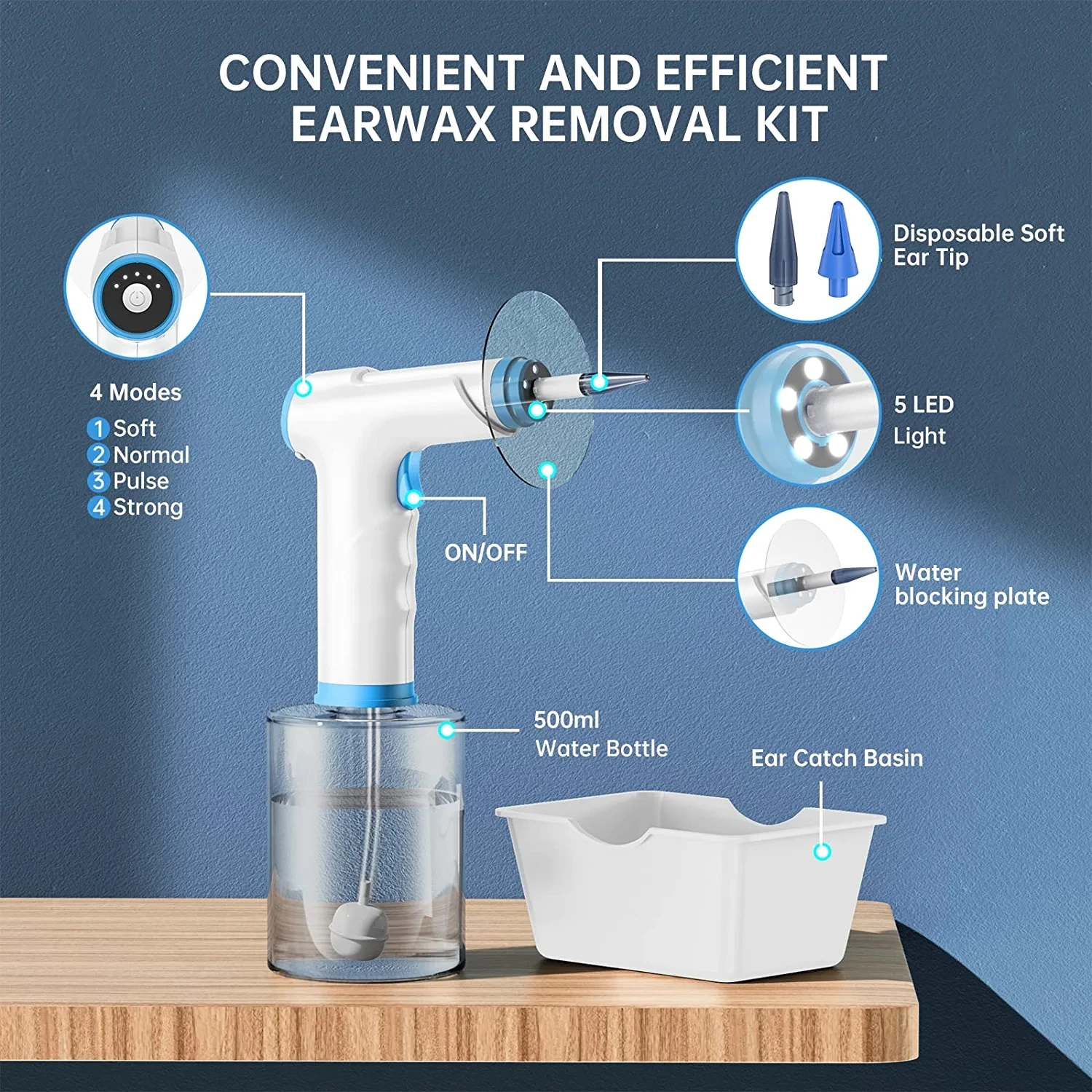 Electric Ear Cleaning Irrigation Machine Ear Wax Canal Cleaner Irrigation System Ear Washer with 4 Modes 500ML