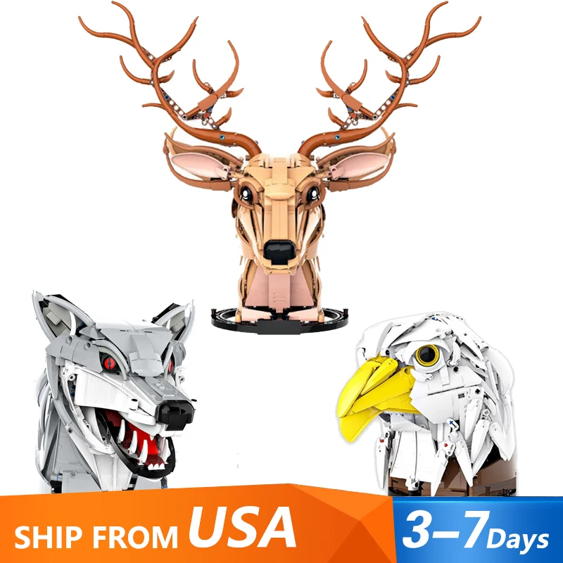 Creative Expert Wolf Deer Eagle Head Model Animal Head Building Blocks Animal Pendant Wall Decor Gifts for Adults Kids 1000PCS