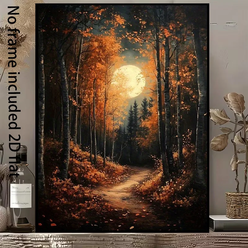 2D Flat, 2D Flat, [2D Flat] 1pc Decorative Canvas Painting Autumn Night Moonlight Forest Path Canvas, Dreamlike Scene of Gold