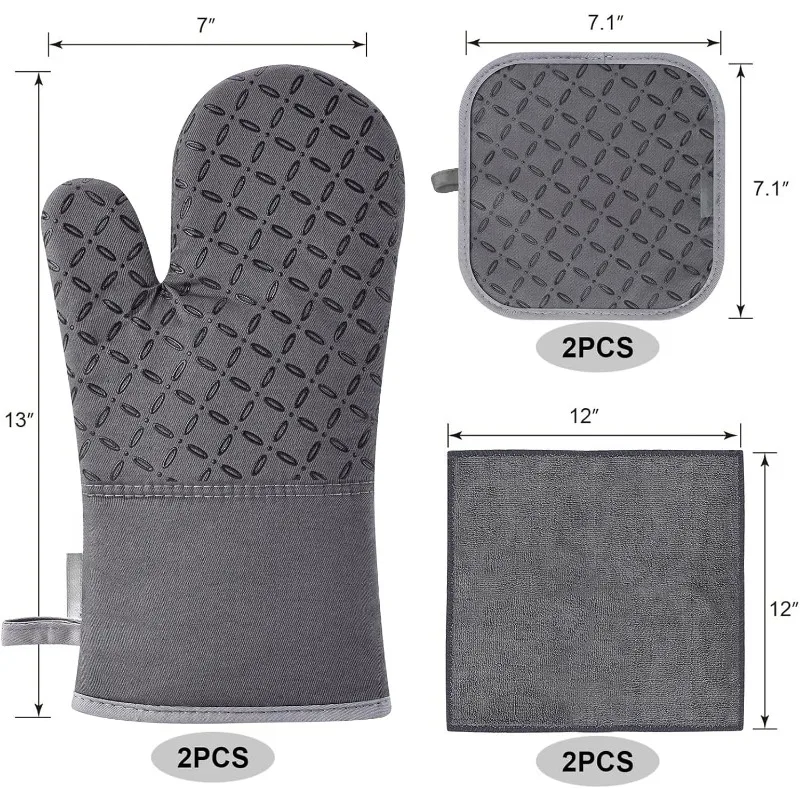 Mitts and Pot Holders 6pcs Set,High Heat Resistant 500 Degree with Non-Slip Silicone Surface for Cooking (Grey)