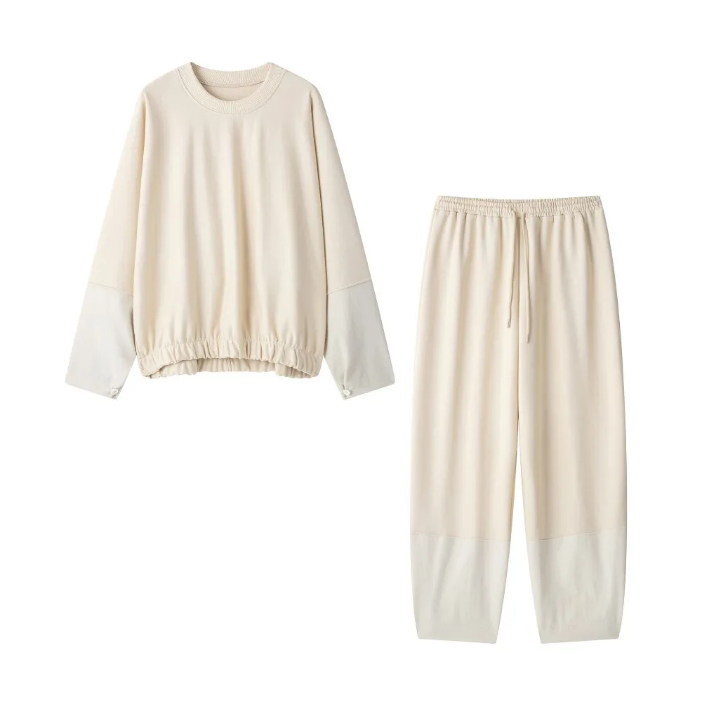 

Women's Patchwork ​​sports Sweatshirt Trousers Set O-neck Long Sleeve Loose Top Drawstring Wide-leg Pants Spring Chic Suit