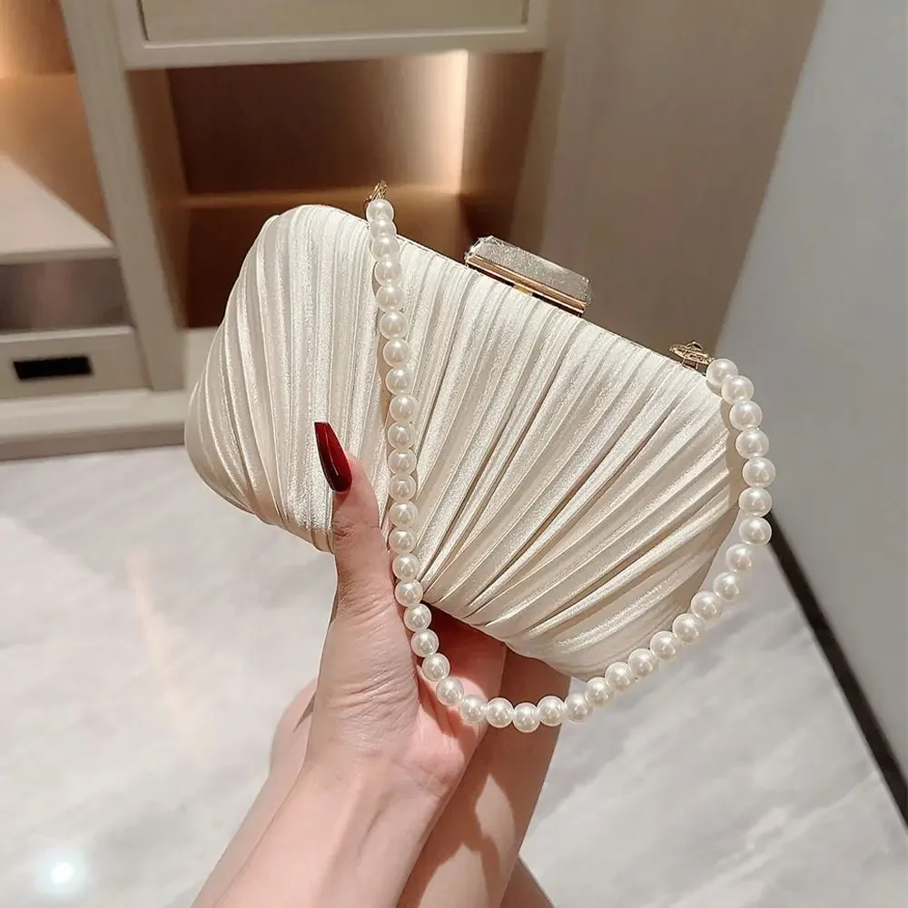 Silk Evening Bag Women Elegant Fashion Banquet Clutch Pearl Chain Shoulder Bags Luxury Purse Female Wedding Party Handbags