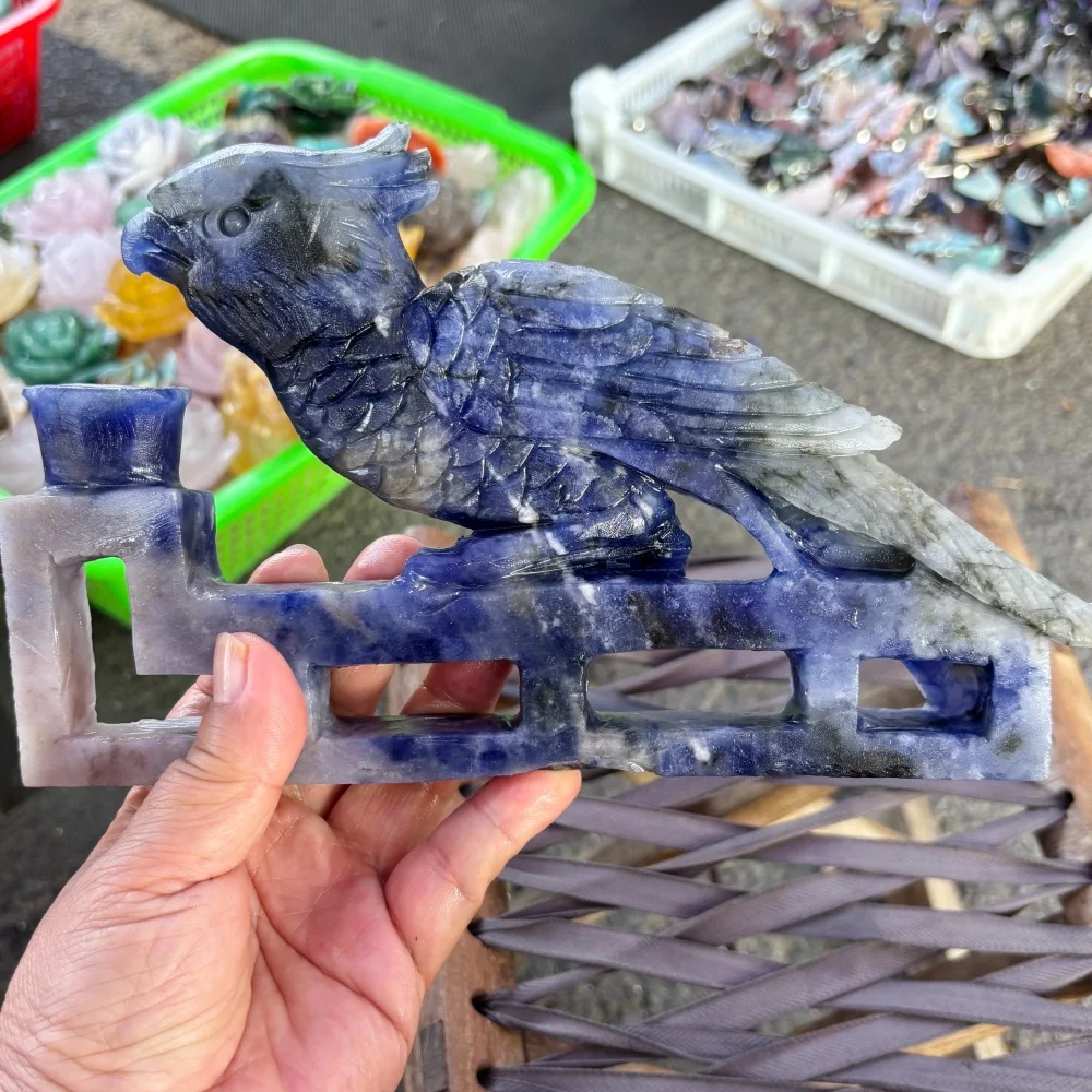 Natural Sodalite Parrot Hand Carved Crystal Bird Statue Hollow Base Reiki Healing Stone Home Desktop Ornament Collection Gift
