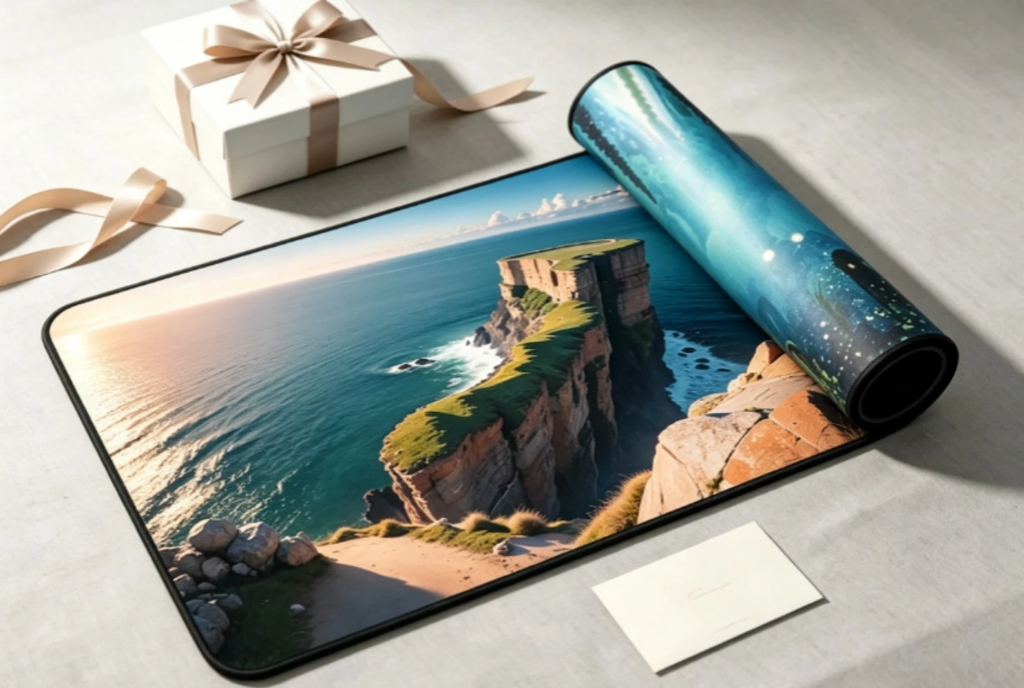 Sea Cliff Landscape Large Gaming Mouse Pad XXL HD Blue Ocean Sunset Desk Mat Non-slip Rubber Lock Edge Keyboard Table Pad