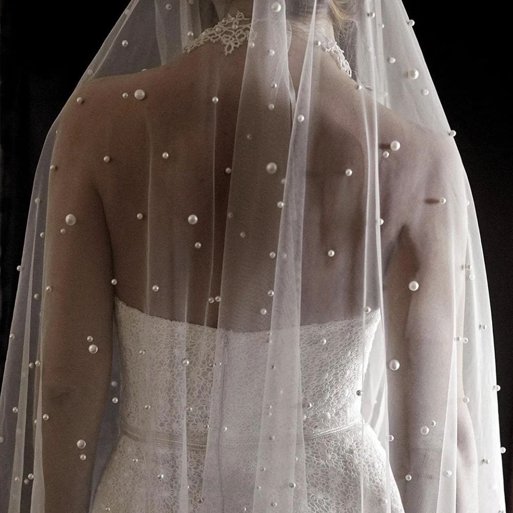 2T Pearls Bridal Veil Blusher Wedding Veil Drop Veil Face-Covered Veil White/Ivory/Champagne Velos de Noiva Beads Chapel