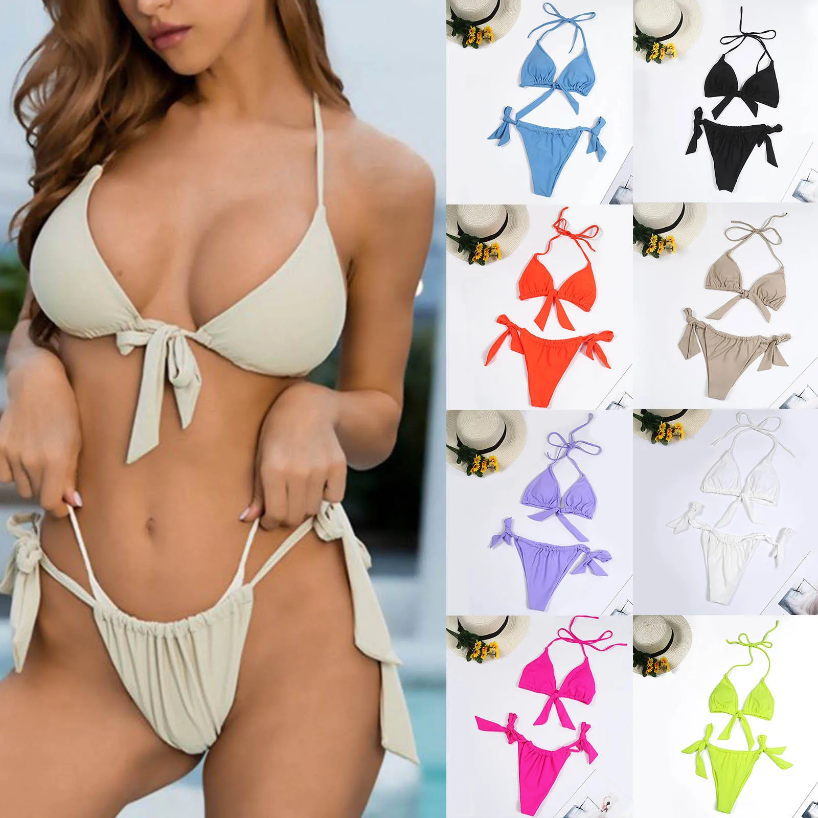 

Sexy Triangle Top Thong Bikini Sets Women Sexy Swimwear Swimsuit 2023 Tiny Tie Side Bathing Suits Beachwear Biquini Female