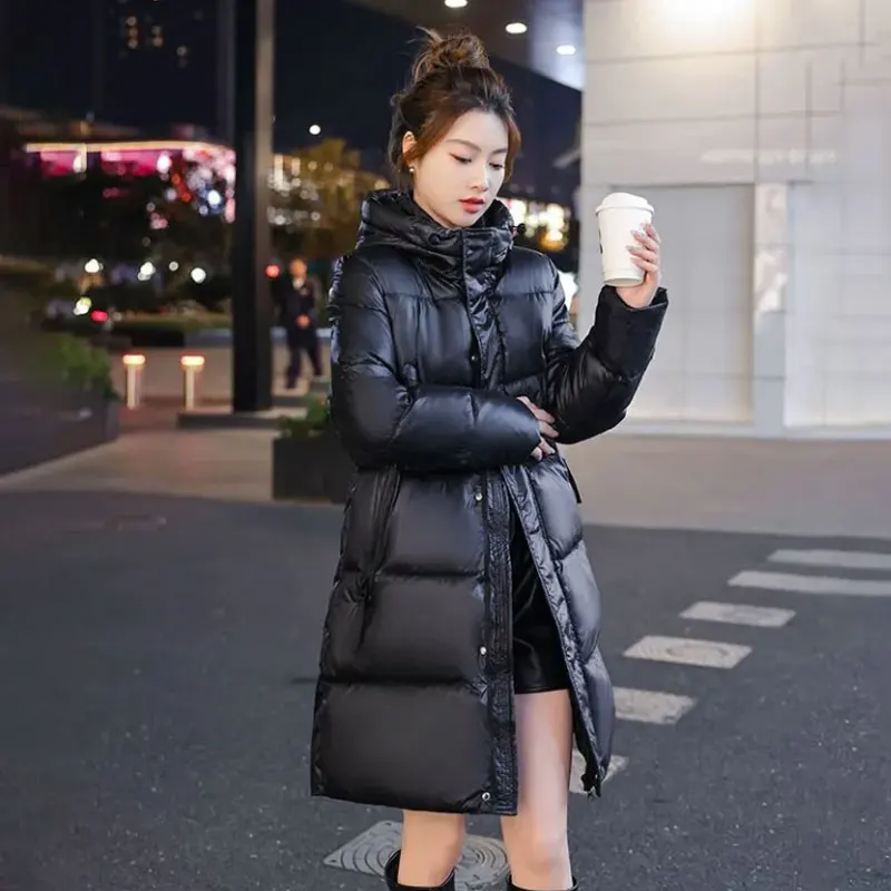 Black Gold No Wash Shiny Fashion Down Women's Cotton Jacket Mid Length Hooded New Warm Thick Loose Winter Padded Overcoat Female